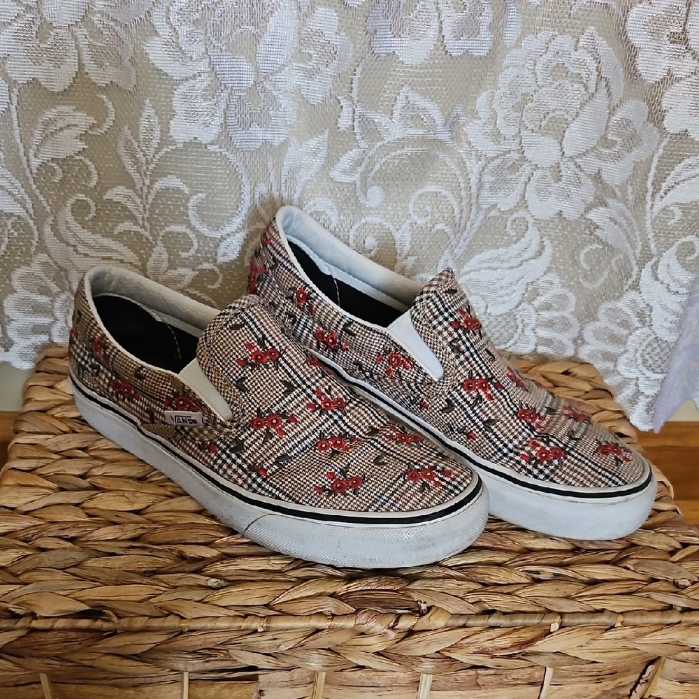 Vans Plaid Slip-On Shoes with Red Floral Embroidery